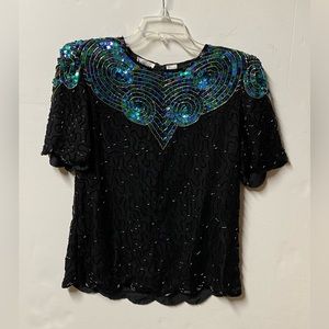 EUC Vintage Denise Elle Silk Sequined Beaded Top SZ S